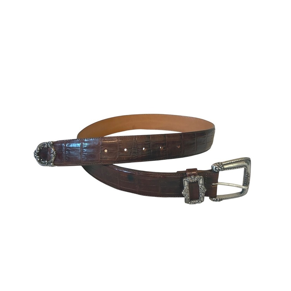 Vintage 1993 Brighton Women's Large Brown Croc Embossed Leather Belt Silver